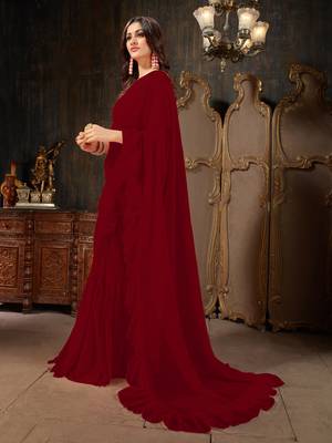 Maroon plain georgette ruffle saree with blouse 2