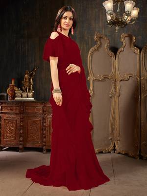 Maroon plain georgette ruffle saree with blouse 3