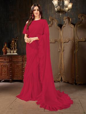 Magenta plain georgette ruffle saree with blouse 1