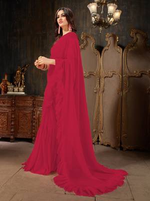 Magenta plain georgette ruffle saree with blouse 2