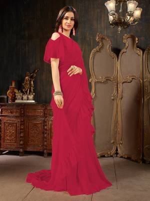 Magenta plain georgette ruffle saree with blouse 3