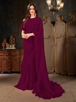 Wine plain georgette ruffle saree with blouse 1