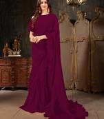 Wine plain georgette ruffle saree with blouse
