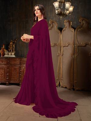Wine plain georgette ruffle saree with blouse 2