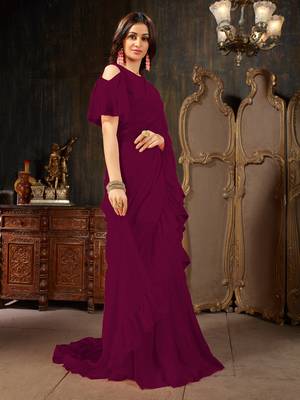 Wine plain georgette ruffle saree with blouse 3