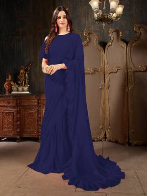 Navy blue plain georgette ruffle saree with blouse 1