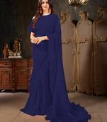 Navy blue plain georgette ruffle saree with blouse