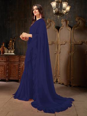 Navy blue plain georgette ruffle saree with blouse 2
