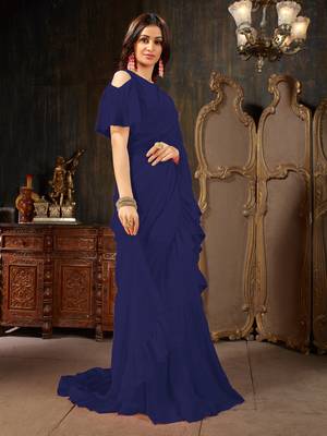 Navy blue plain georgette ruffle saree with blouse 3