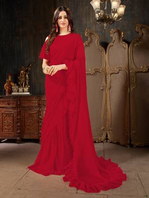 Red plain georgette ruffle saree with blouse 1
