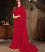 Red plain georgette ruffle saree with blouse