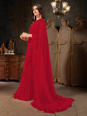 Red plain georgette ruffle saree with blouse 2