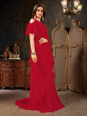 Red plain georgette ruffle saree with blouse 3