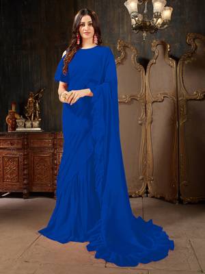 Blue plain georgette ruffle saree with blouse 1