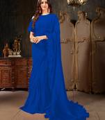 Blue plain georgette ruffle saree with blouse