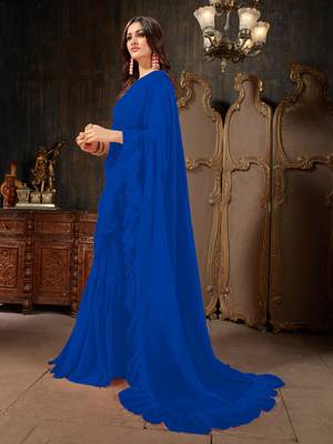 Blue plain georgette ruffle saree with blouse 2