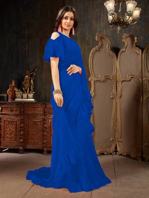Blue plain georgette ruffle saree with blouse 3