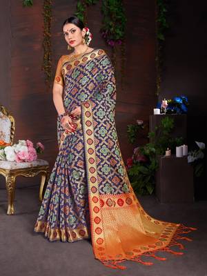 Dark navy blue woven silk blend saree with blouse 1