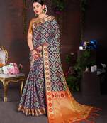 Dark navy blue woven silk blend saree with blouse