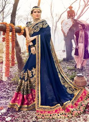 Blue embroidered georgette saree with blouse 1