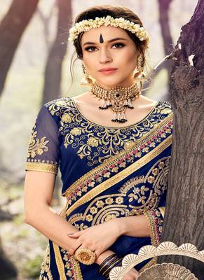 Blue embroidered georgette saree with blouse 2
