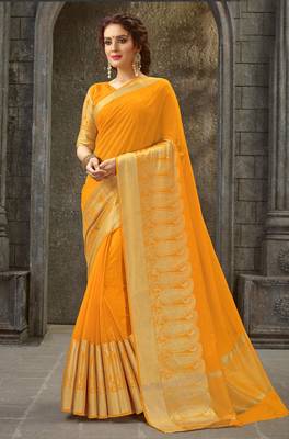 orange woven pure linen saree with blouse 1