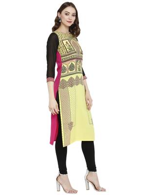 Yellow printed crepe kurtas-and-kurtis 5