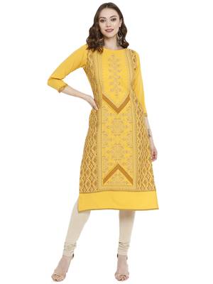 Yellow printed crepe kurtas-and-kurtis 2