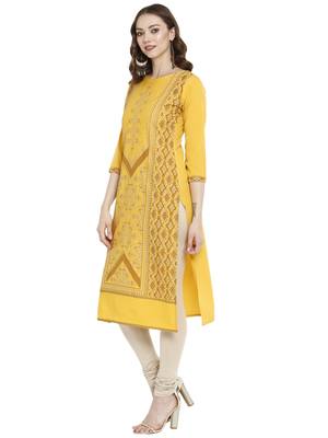Yellow printed crepe kurtas-and-kurtis 4