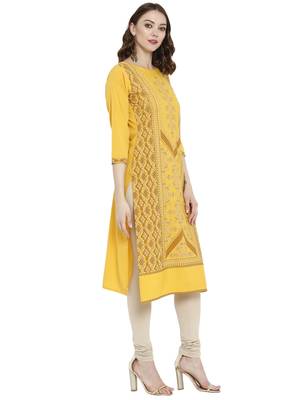 Yellow printed crepe kurtas-and-kurtis 5
