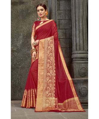 maroon woven pure linen saree with blouse 1