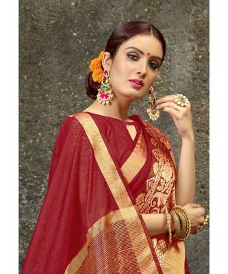 maroon woven pure linen saree with blouse 2