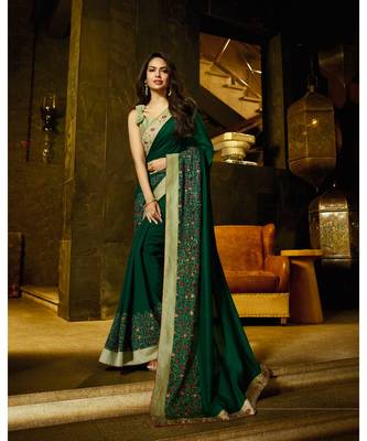 green embroidered art silk saree with blouse 1