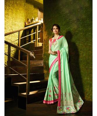 green embroidered satin saree with blouse 1