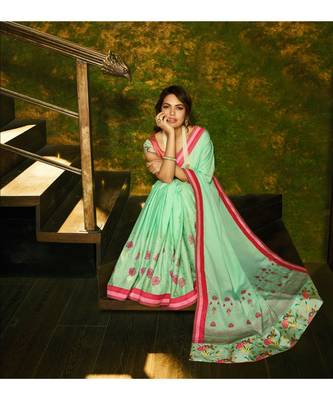 green embroidered satin saree with blouse 2