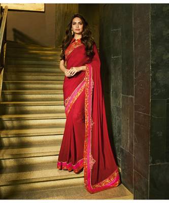 red embroidered satin saree with blouse 1