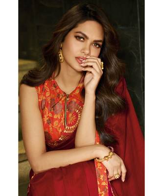 red embroidered satin saree with blouse 2