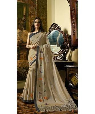 beige embroidered cotton saree with blouse 1