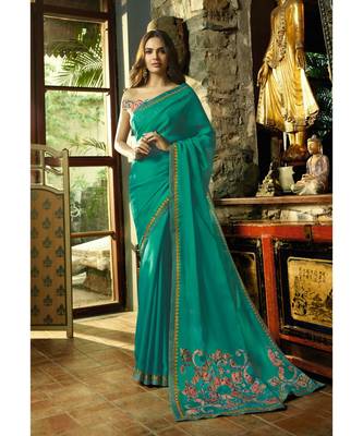 turquoise embroidered cotton saree with blouse 1