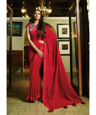 red embroidered cotton saree with blouse 1