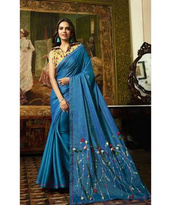 blue embroidered cotton saree with blouse 1