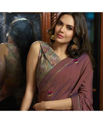 purple embroidered cotton saree with blouse 2