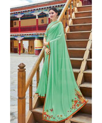 green printed georgette saree with blouse 1