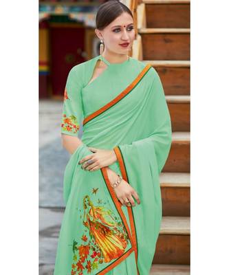 green printed georgette saree with blouse 2