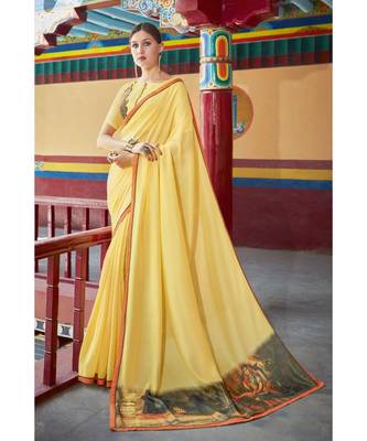 yellow printed georgette saree with blouse 1