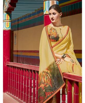 yellow printed georgette saree with blouse 2