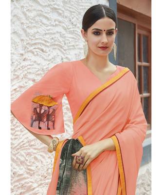 pink printed georgette saree with blouse 2