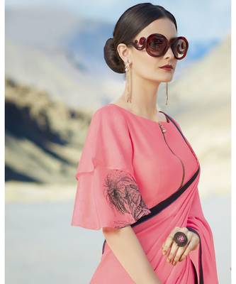 pink printed georgette saree with blouse 2