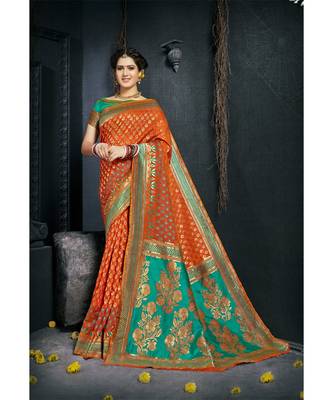 orange woven art silk saree with blouse 1