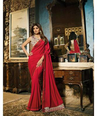 Red plain art silk saree with blouse 1
